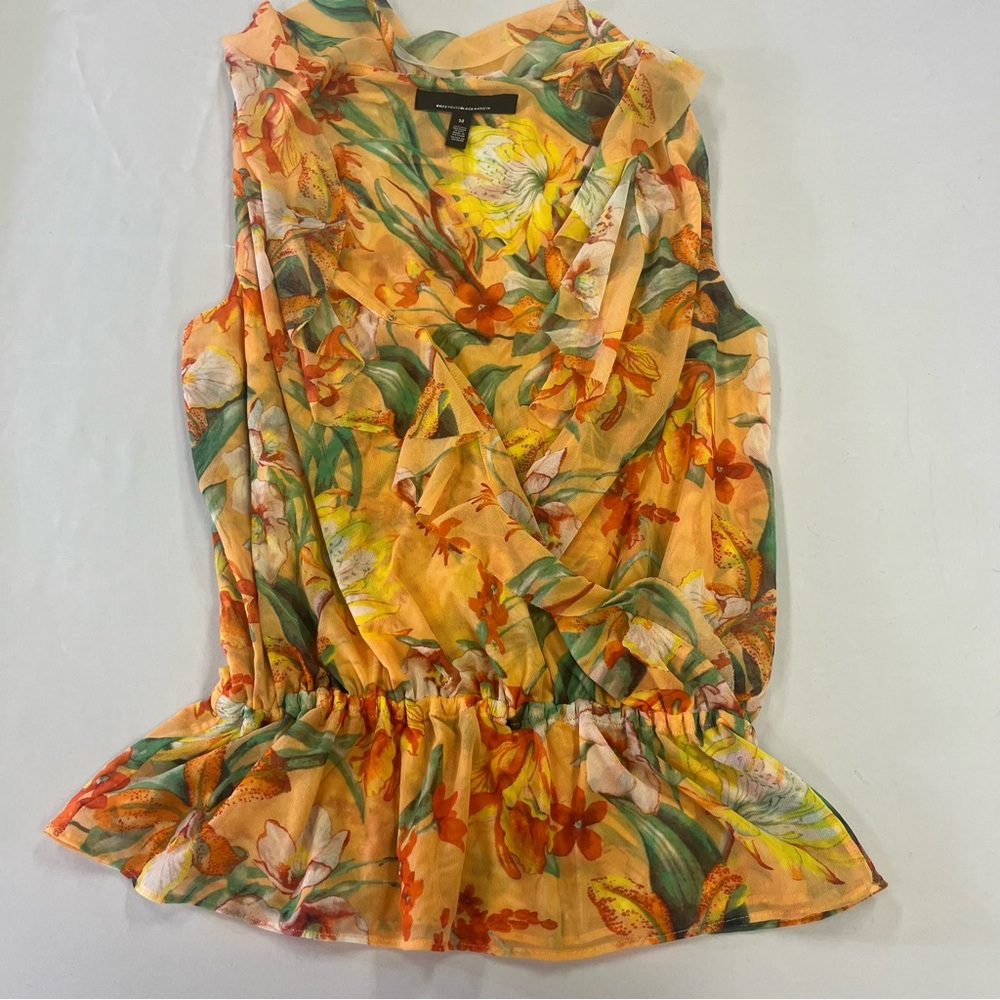 WHBM Tropical Floral V-Neck Sleeveless Blouse w/ Ruffle Peplum Hem Sz M - Picture 2 of 7